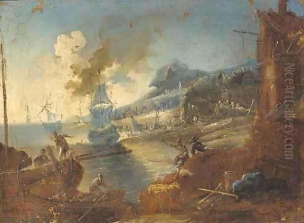 A Mediterranean harbour with a man-o'-war and stevedores on the shore - view 1