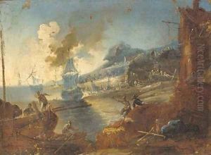A Mediterranean harbour with a man-o'-war and stevedores on the shore by Alessandro Magnasco
