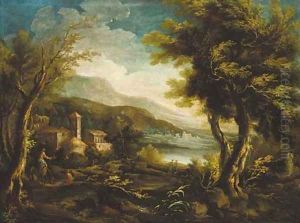 A mountainous Italianate landscape with figures and a donkey before a church