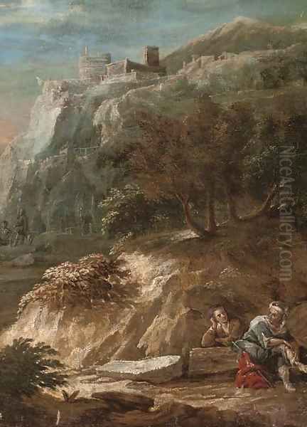 A mountainous landscape with a couple beneath a hilltop town - view 1