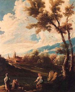 A wooded river landscape with an angler and washerwomen