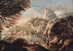 A coastal inlet with fishermen on a bank