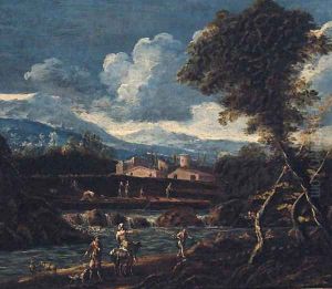 A river landscape with peasants on a track, a village and mountains beyond