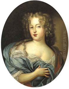 Portrait of a lady, wearing a blue dress with lace chemise and wrap