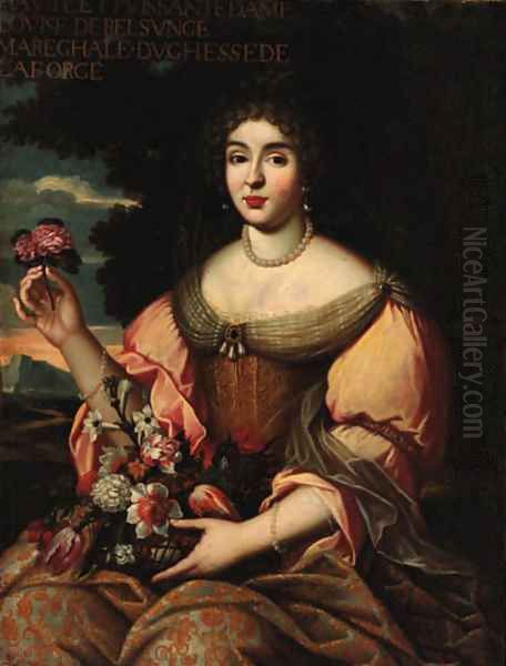 Portrait of Louise de Belsunce, Duchess de la Force, seated three-quarter-length, in a gold embroidered dress, holding a basket of flowers - view 1