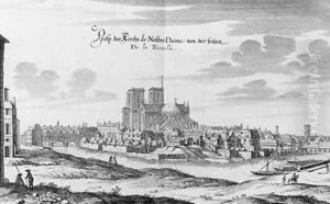 View from the Left Bank of the Seine to the Ile de la Cite and Notre Dame from Topographia Galliae by Martin Zeiller by Merian