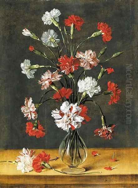 Carnations in a glass vase on a stone table - view 1