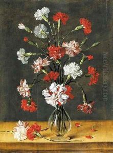 Carnations in a glass vase on a stone table by Phillipe de Marlier