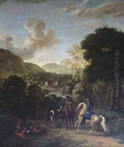 A hawking party in a wooded landscape with a villa by a lake beyond