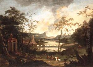 An extensive river landscape with a hunting party on a track
