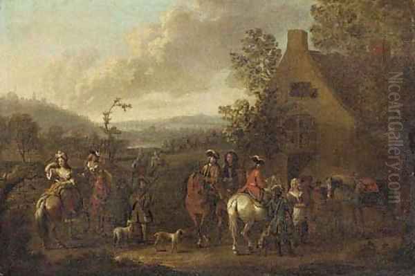 A landscape with an elegant hunting party before an inn - view 1