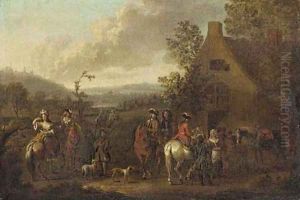 A landscape with an elegant hunting party before an inn