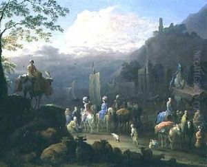A party of travellers near a harbour by Jan Baptist van der Meiren