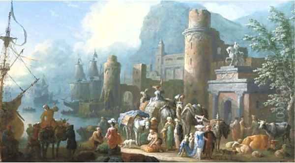 A capriccio view of a Levant harbour with travellers, camels and other animals on a quay - view 1