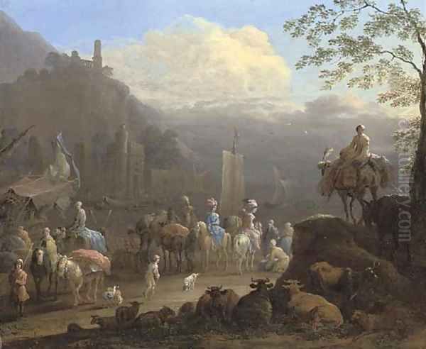 An elegant company of travellers by a harbour, with figures in the foreground, cattle and sheep beyond - view 1