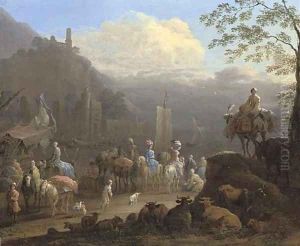 An elegant company of travellers by a harbour, with figures in the foreground, cattle and sheep beyond