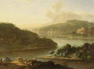 A river landscape with shepherd and peasant woman in the foreground by Jan van der the Younger Meer
