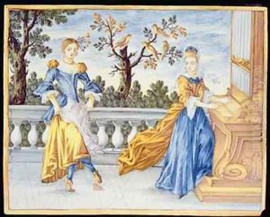 Two young women one playing the organ and one dancing 1630 by Pietro Paolo Mancini