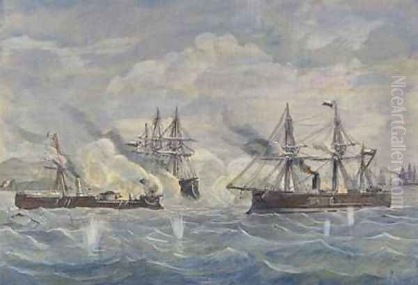 Naval Combat beween the Peruvian Ship Huascar against the Chilean Blanco Encalada and the Cochrane in 1879 - view 1
