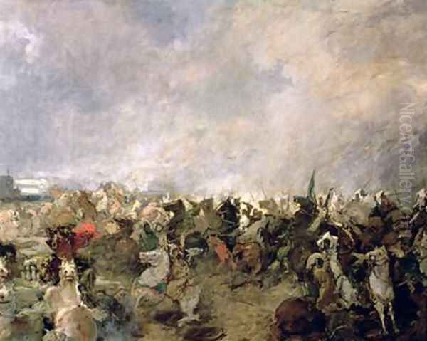The Battle of Guadalete detail of the escape of the Goths from the command of King Roderic in the presence of the Muslim cavalry of Tarik Ibn Ziyad 711 - view 1