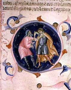 Miniature of two men quarrelling from the Bible of Charles V of Valois by Bernardino da Modena
