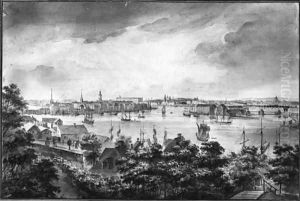 A view of Stockholm from Soder with the Royal Palace, Storkyrkan, Riddarholmskyrkan and Tyskakyrkan by Elias Martin