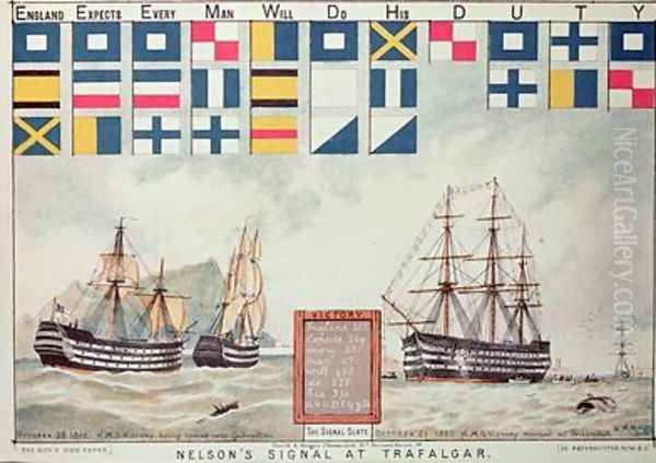 Nelsons signal at Trafalgar in 1805 from The Boys Own Paper to commemorate HMS Victory moored at Portsmouth 1885 - view 1