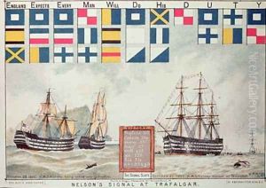 Nelsons signal at Trafalgar in 1805 from The Boys Own Paper to commemorate HMS Victory moored at Portsmouth 1885 by Walter William May