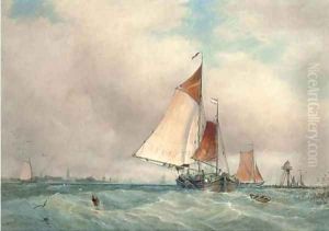 Barges running out of the Scheldt on a blustery day by Walter William May