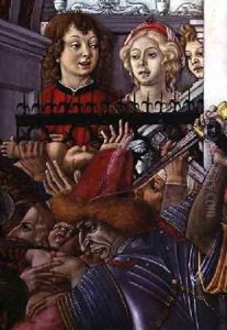 The Massacre of the Innocents detail of two onlookers observing the carnage from the palace 1482 by di Giovanni di Bartolo Matteo