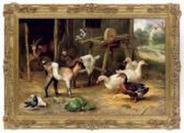 Goats, Ducks And Pigeons Near A Barn Door - view 1