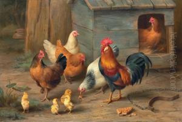 A Cockerel With Chickens And Chicks Before A Coup - view 1