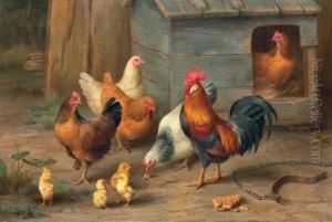 A Cockerel With Chickens And Chicks Before A Coup