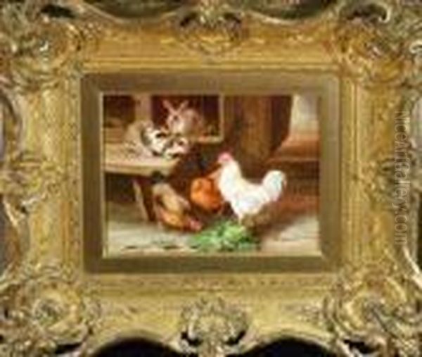 Three Hens By A Rabbit Hutch - view 1