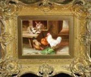 Three Hens By A Rabbit Hutch