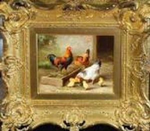 A Cockerel, Two Hens And Five Chicks In A Farmyard