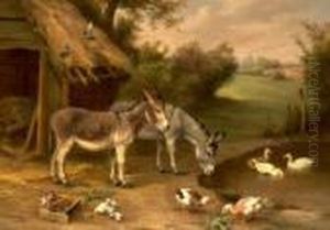Two Donkeys With Ducks And Pigeons By A Pond