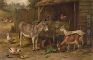 Farmyard Scene With Donkey, Goats, Chickens And Ducks by Edgar Hunt