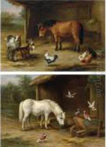 A Horse With Pigeons At Feeding Time; A Pony With Goats And Chickens In A Barn by Edgar Hunt