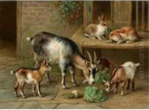 Rabbits And Goats At Feeding Time by Edgar Hunt