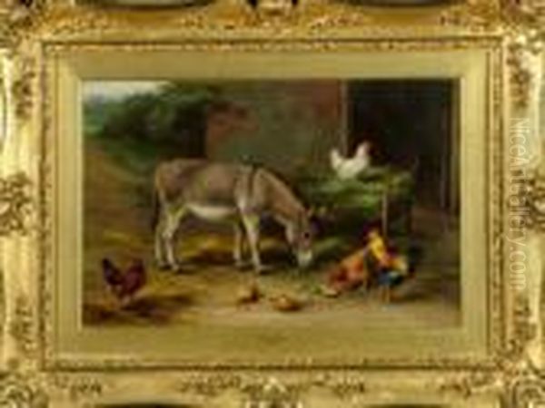 A Donkey And Poultry In A Farmyard - view 1
