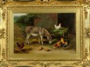 A Donkey And Poultry In A Farmyard by Edgar Hunt