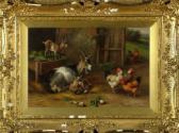 A Farmyard With Three Goats By A Manger And Hens Nearby - view 1