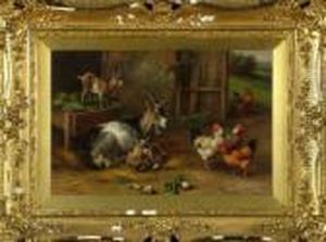 A Farmyard With Three Goats By A Manger And Hens Nearby by Edgar Hunt
