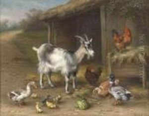 Goat, Ducks And Chickens Outside A Barn by Edgar Hunt
