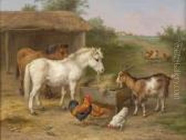 Ponies, Goat And Chickens In A Farmyard - view 1