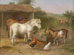 Ponies, Goat And Chickens In A Farmyard