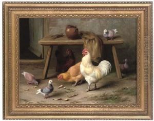 A Cockerel, Hens And Pigeons Feeding By A Table by Edgar Hunt