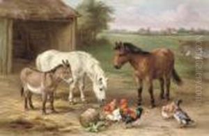 A Donkey, Two Ponies, Chickens And Ducks By A Pond by Edgar Hunt