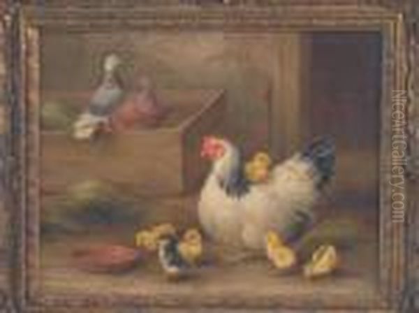 A Study Of A Hen Andher Chicks With Pigeons By A Box - view 1